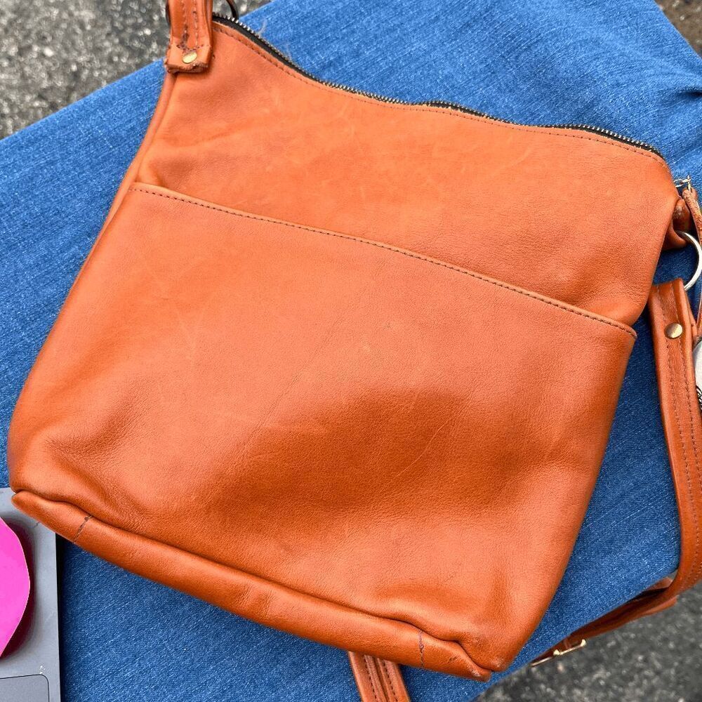 VTG Cognac Orange Full Grain Leather Crossbody Bag Adjustable Strap Handmade - Picture 5 of 12